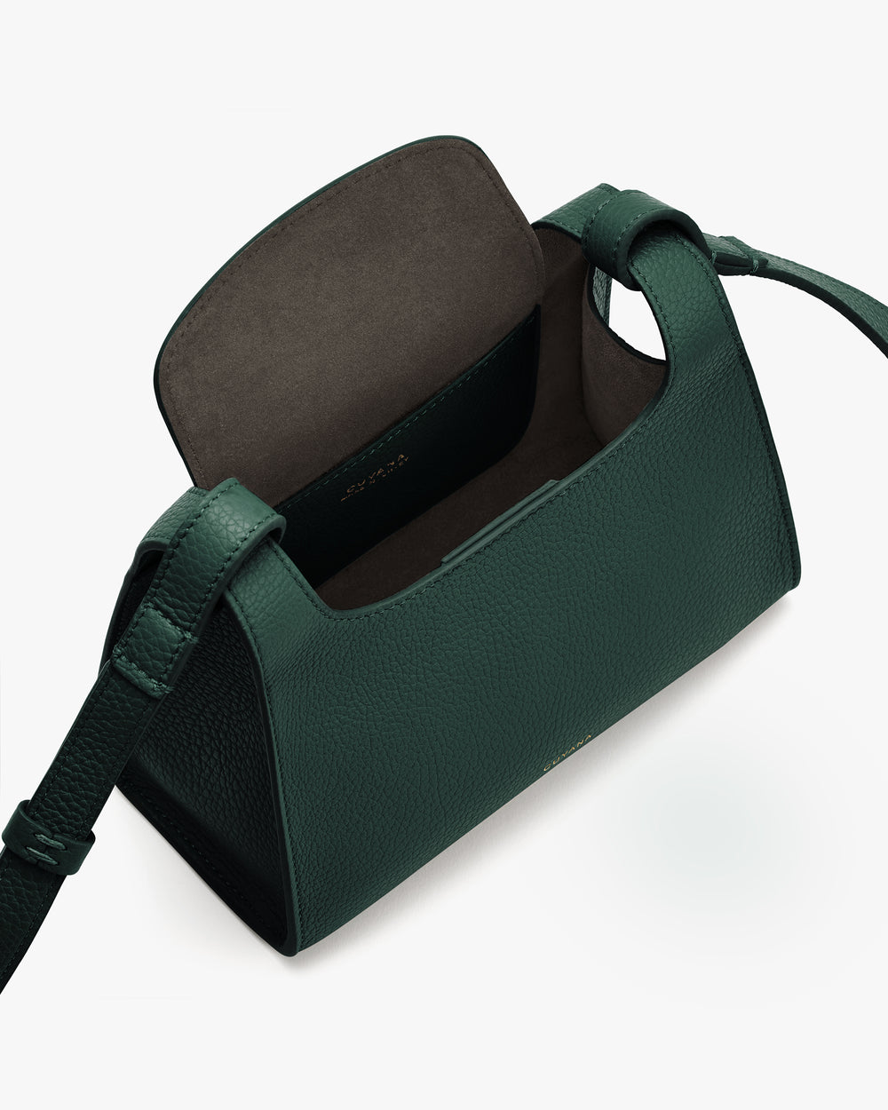 Open handbag with long strap and a flap.