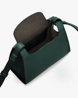 Open handbag with long strap and a flap.