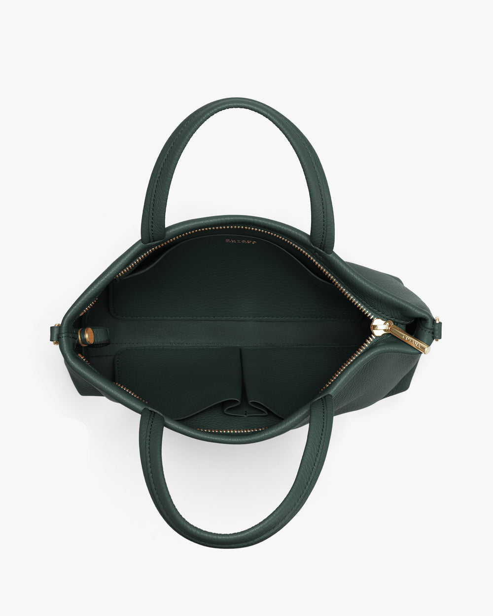 Open handbag with visible zipper and handles viewed from above.