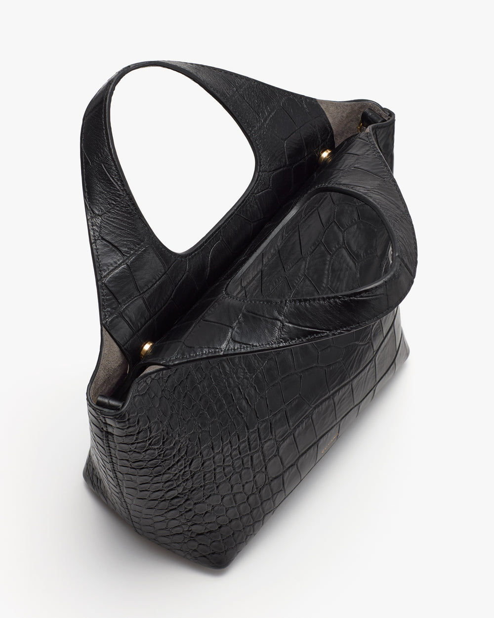 Bag with croc-embossed leather texture and a wide handle.