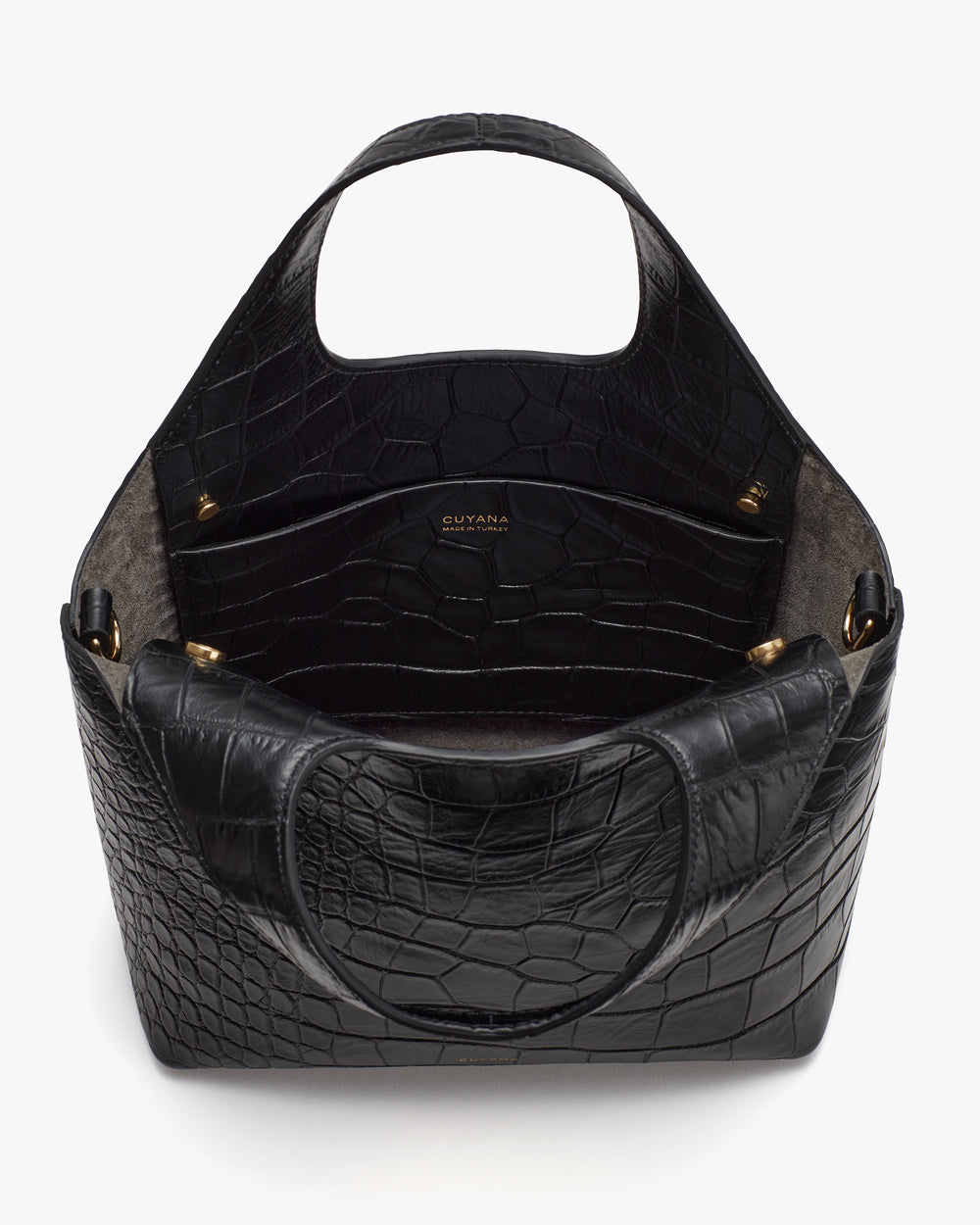 Tote bag with croc-embossed leather texture and open top design.