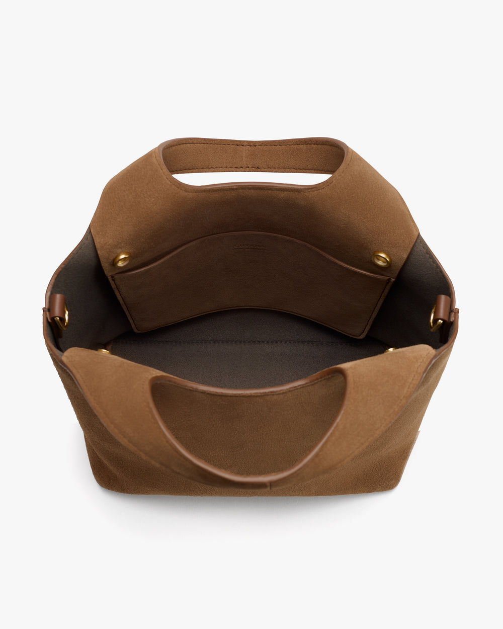 Open top view of a tote bag with two side handles and a pocket inside.