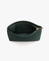 Open pouch with a zipper and interior pocket.