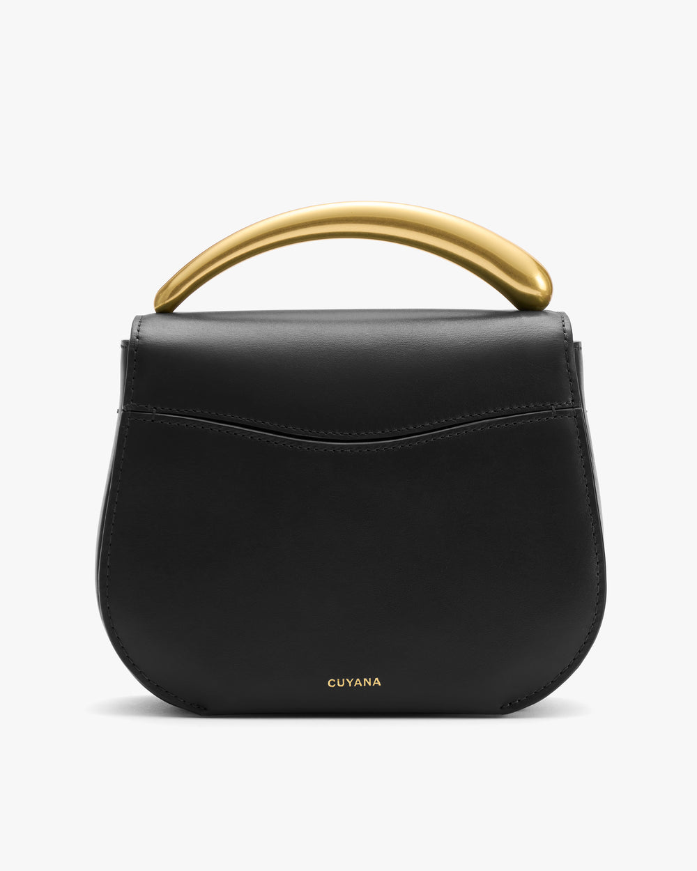 Handbag with curved top handle and brand logo at the bottom.
