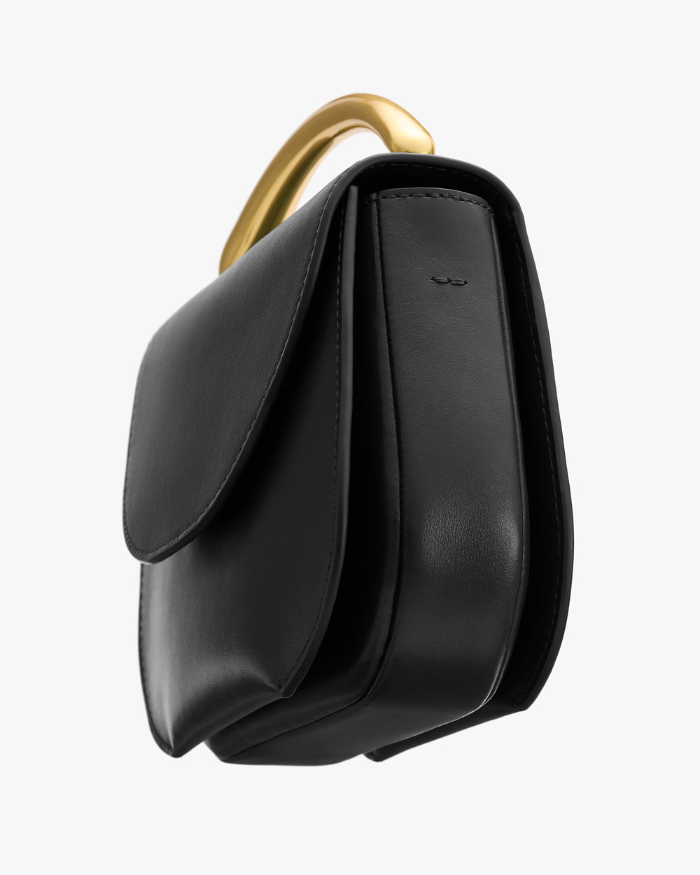 Structured handbag with curved handle.