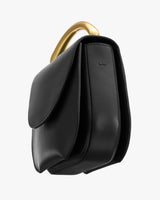 Structured handbag with curved handle.