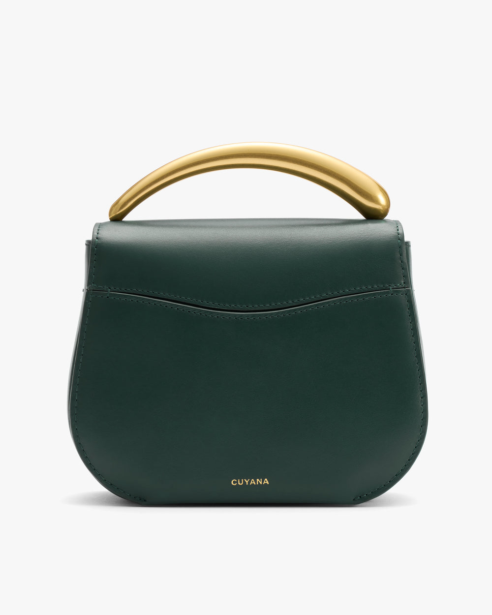 Handbag with a curved handle and small logo on the front.