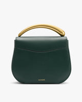 Handbag with a curved handle and small logo on the front.