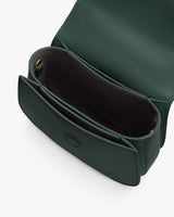 Open handbag with interior compartments visible