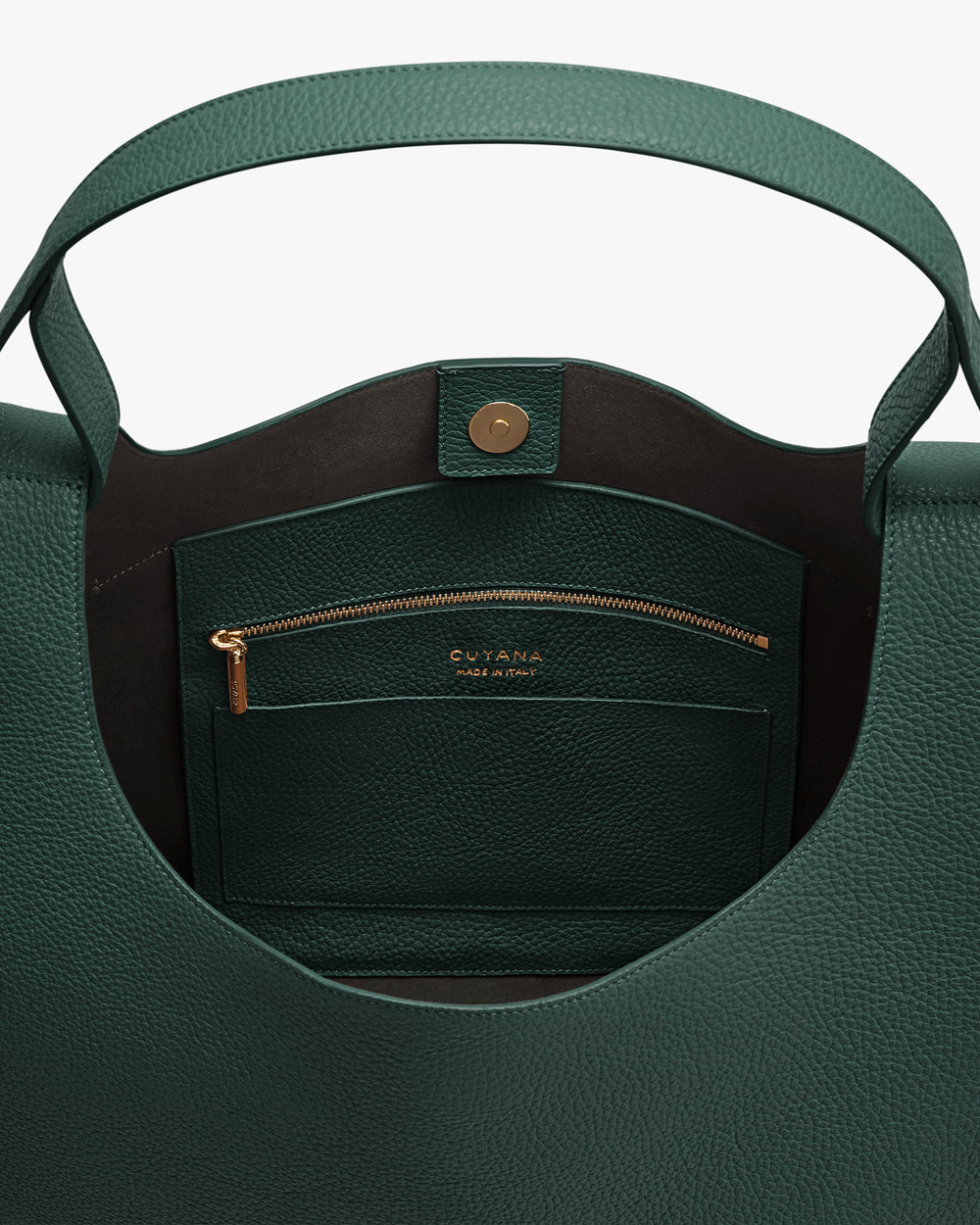 Open leather tote bag with pocket and zipper inside