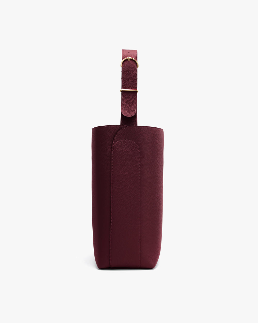 Side view of a tall bag with an adjustable strap.