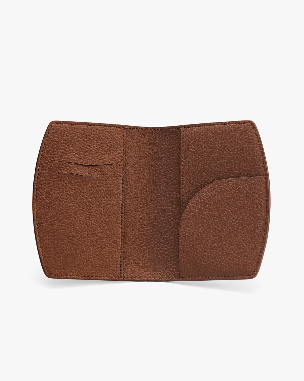 Open leather cardholder with multiple slots and a curved pocket.
