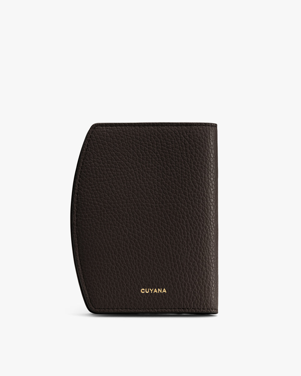 Textured leather wallet standing upright on a neutral background.