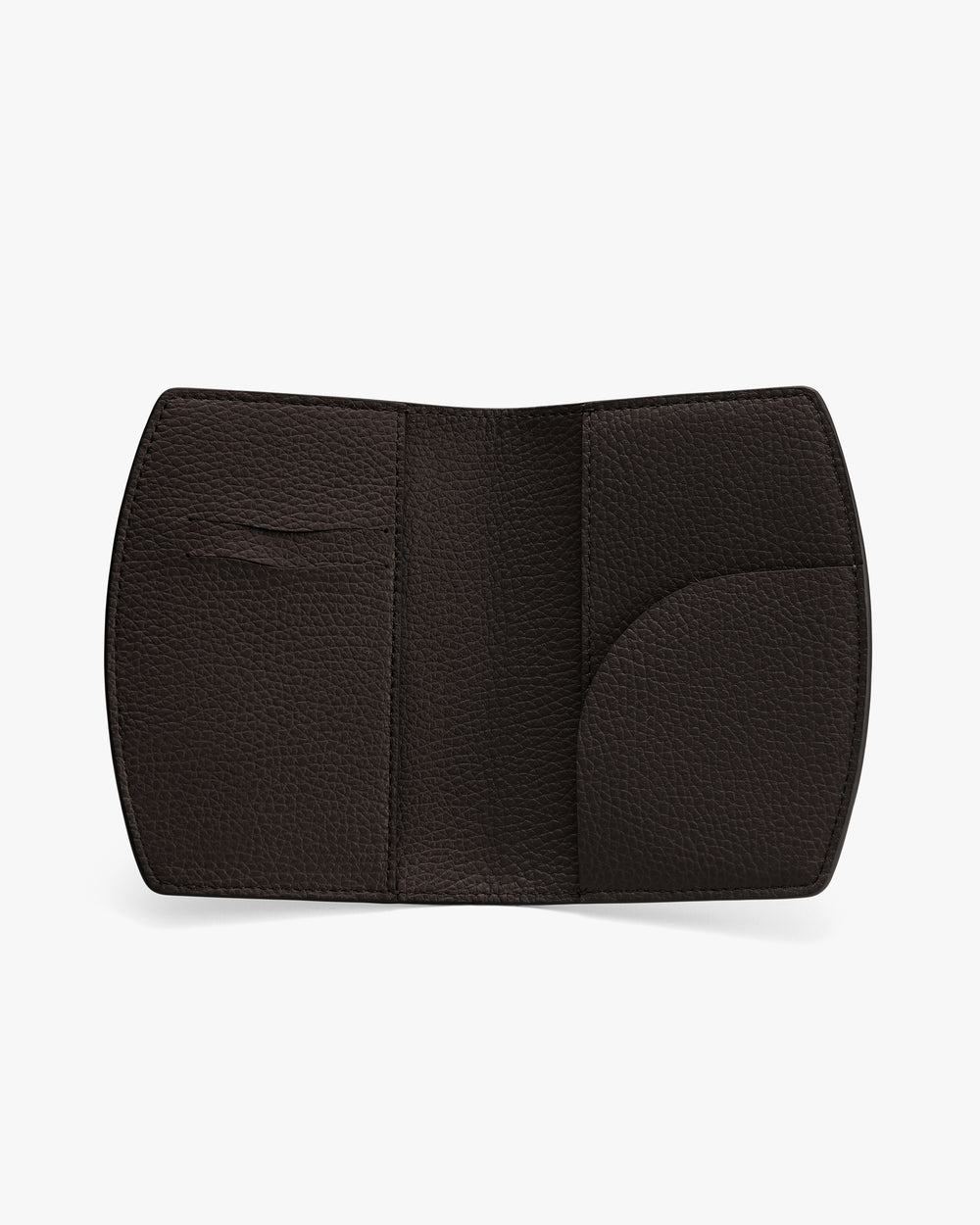 Open passport holder with multiple compartments.