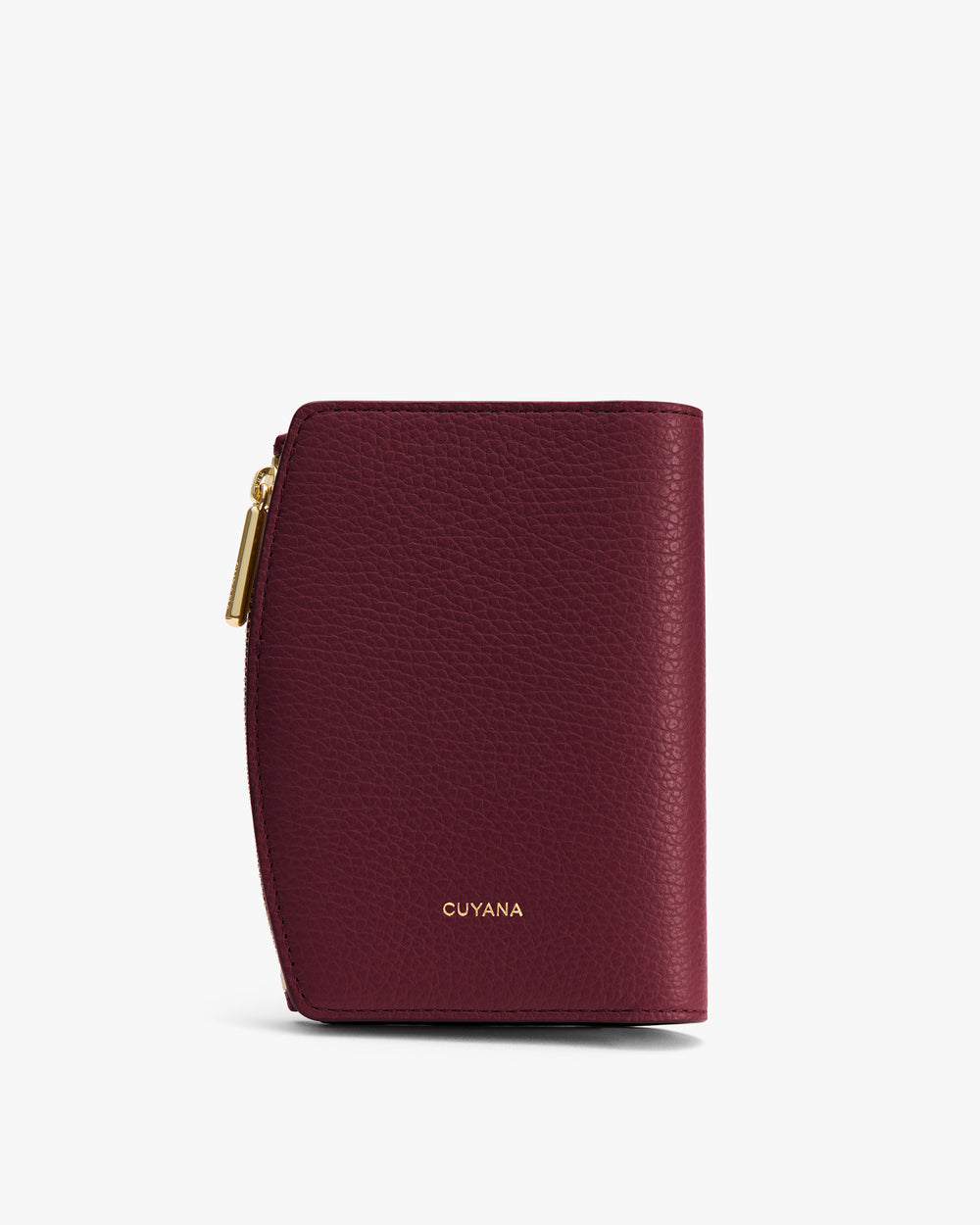 Small textured wallet with a zipper and brand name on the front