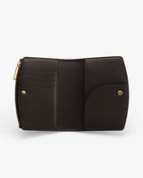Open wallet showing multiple card slots and a coin pocket with a zipper.