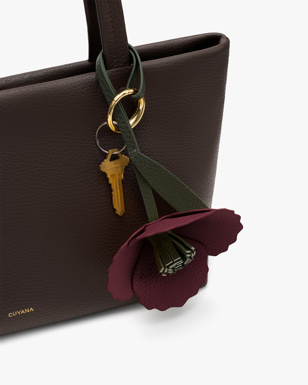 Bag with flower keychain and two brass keys attached
