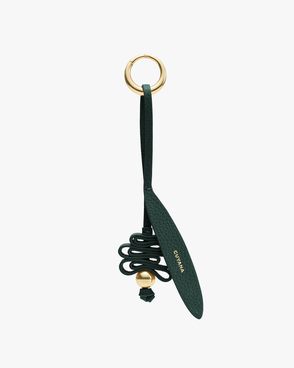 Keyring with a strap and coiled cable, gold ring at the top.