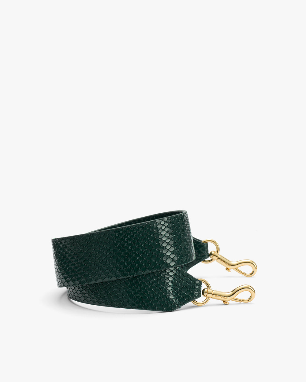 Bag strap with croc-embossed leather and gold clasps.