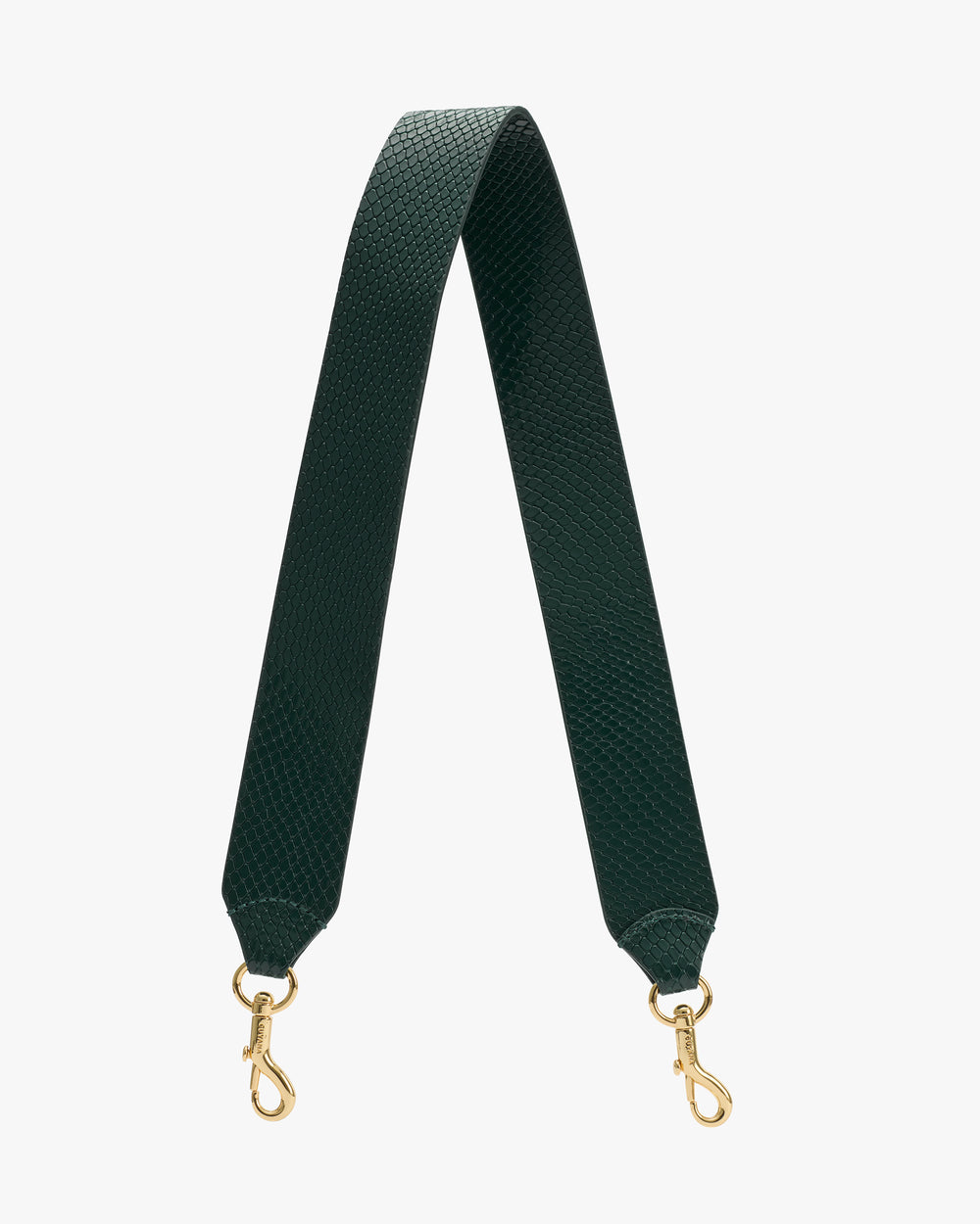 Bag strap with croc-embossed leather and metal clasps.