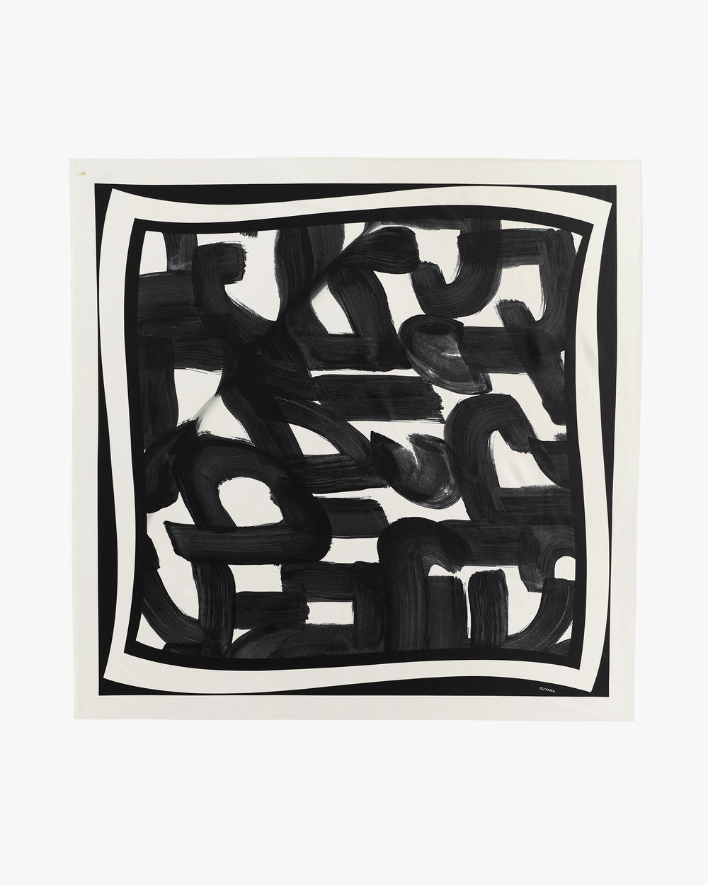 Abstract art piece with bold, swirling black brushstrokes on a square canvas.
