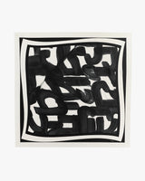 Abstract art piece with bold, swirling black brushstrokes on a square canvas.