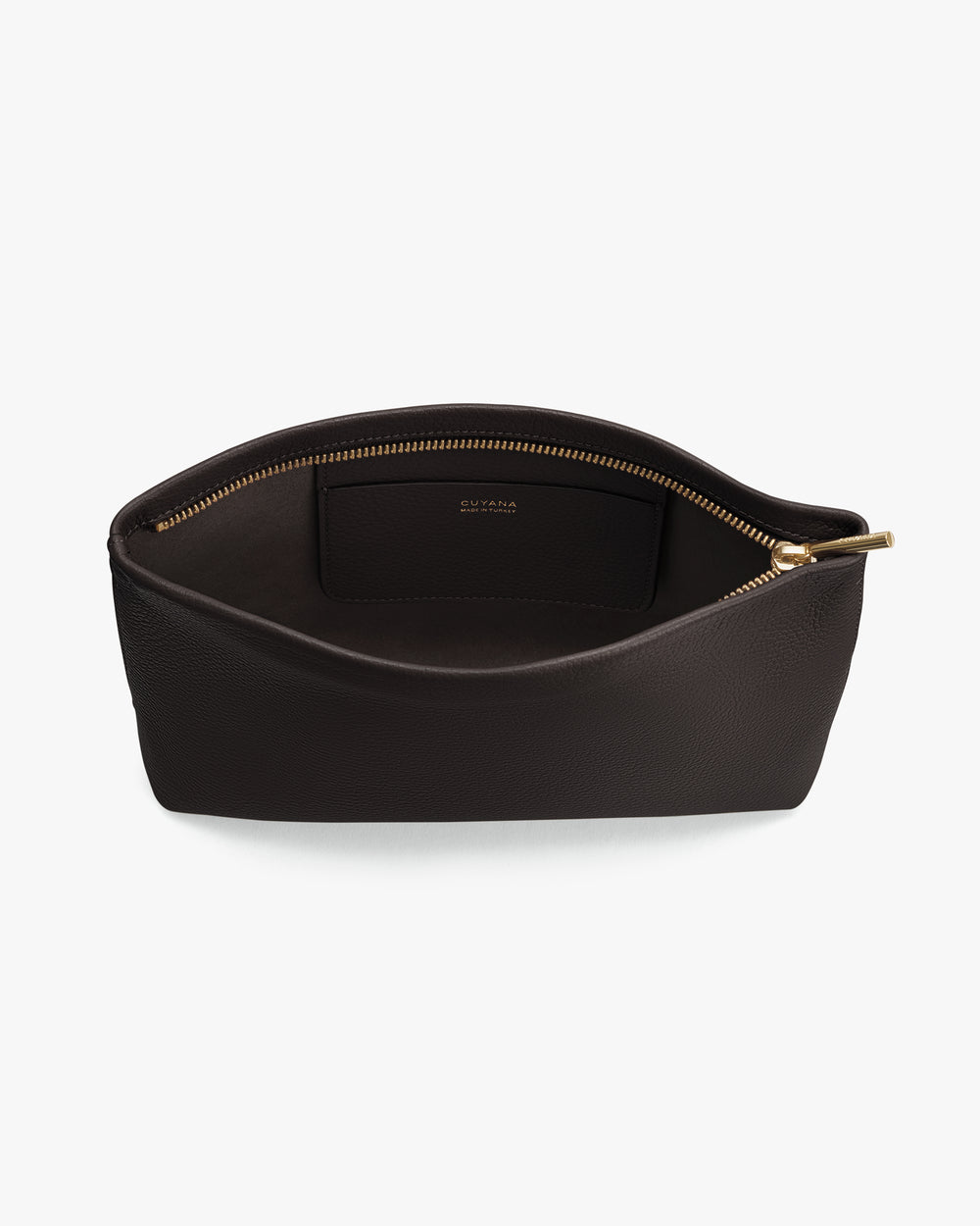 Open toiletry bag with visible zipper and interior pocket.