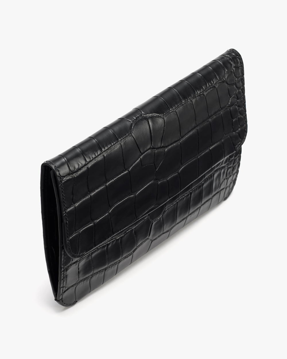 Rectangular clutch with croc-embossed leather texture.