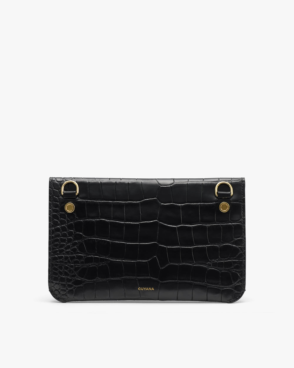 Rectangular clutch with croc-embossed leather and two gold-tone accents.