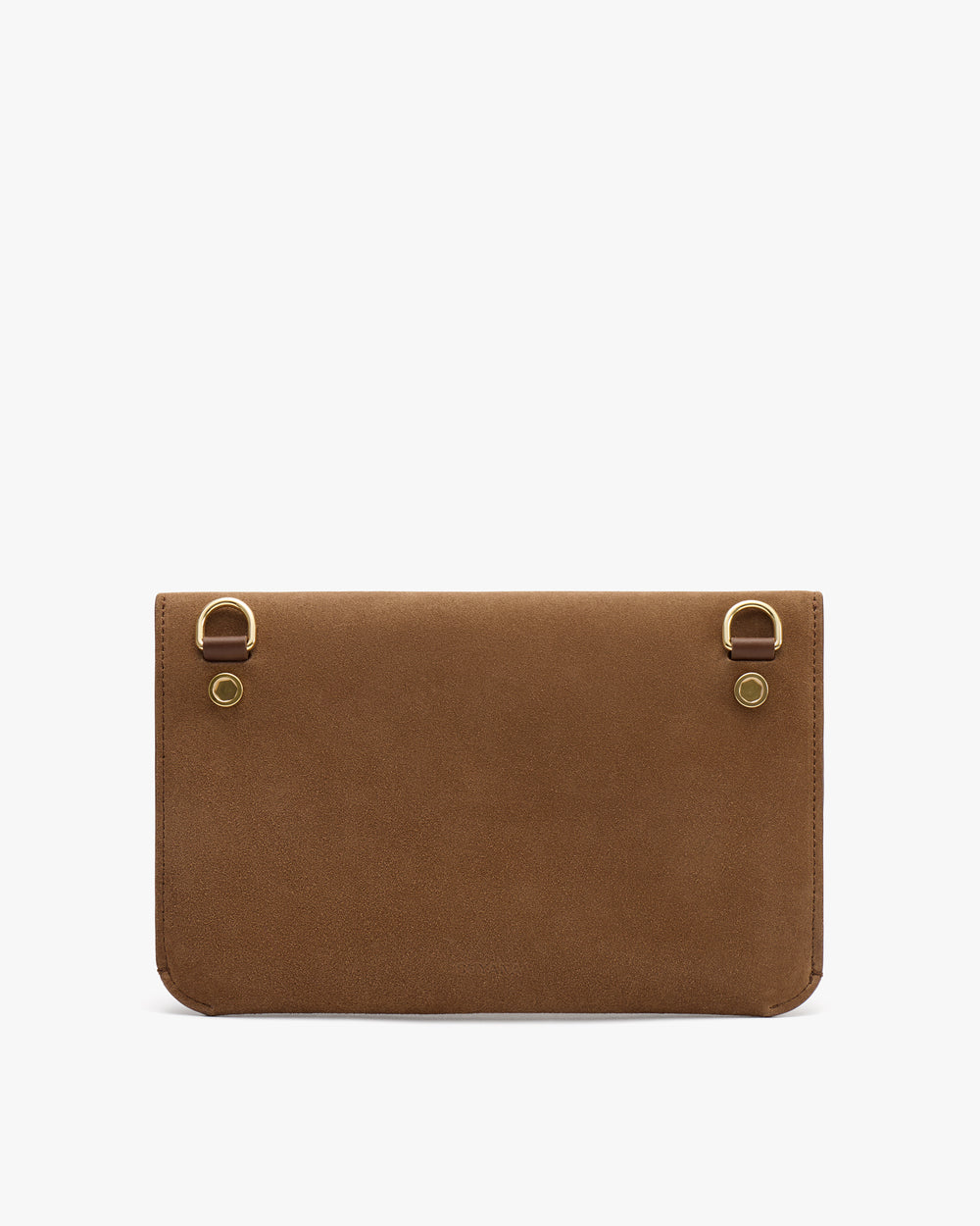 Rectangular clutch bag with two metal rings on one side.
