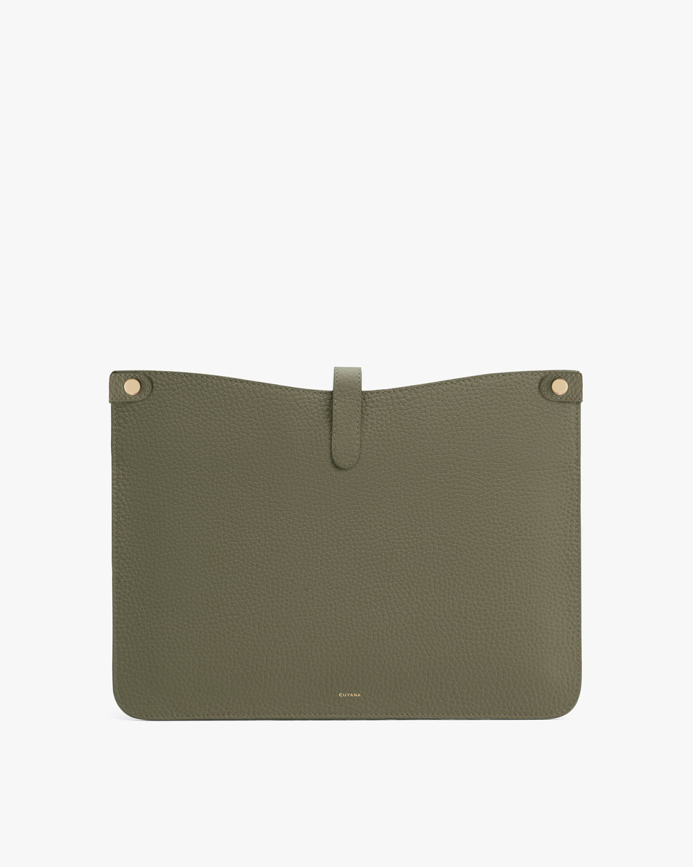 Rectangular textured leather document holder with button details and a central strap closure.