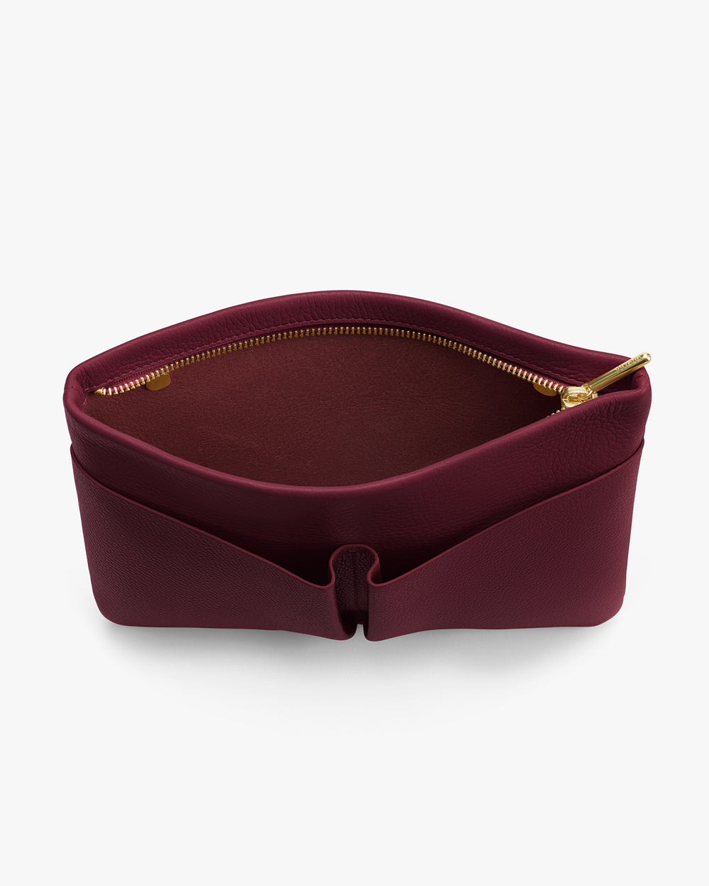 Open pouch with a zipper viewed from above.
