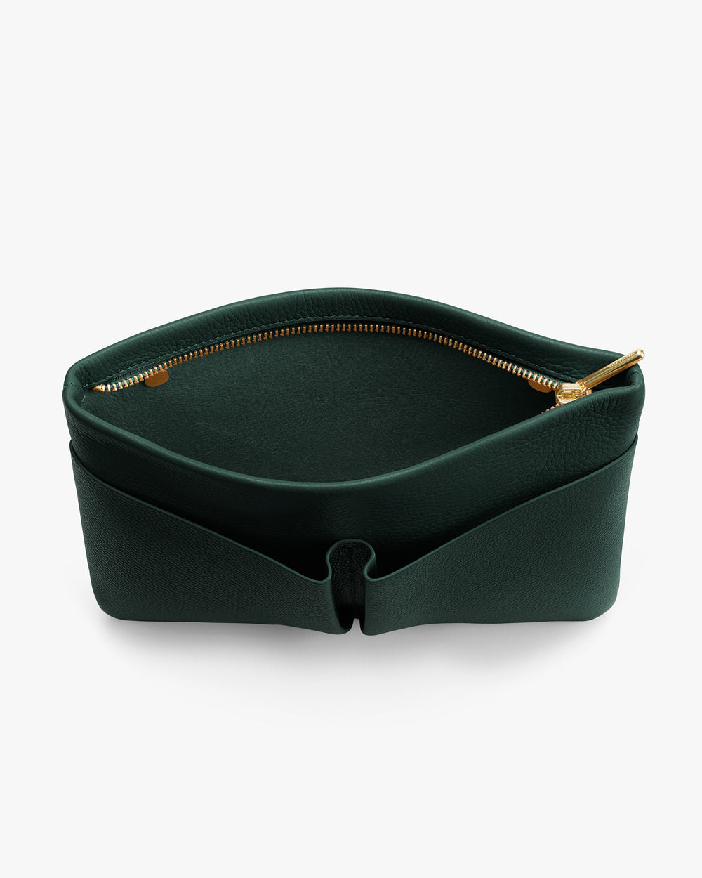 Open pouch with zipper and curved edge showing interior space