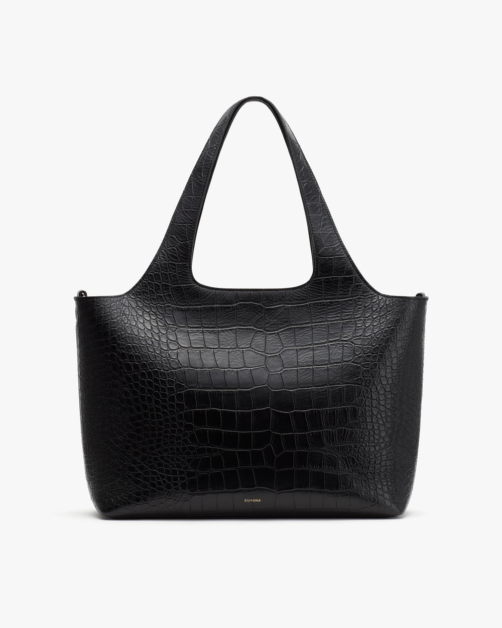 Tote bag with croc-embossed leather design and two handles.
