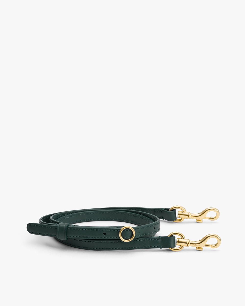Long adjustable strap with gold-toned clasps and buckle.