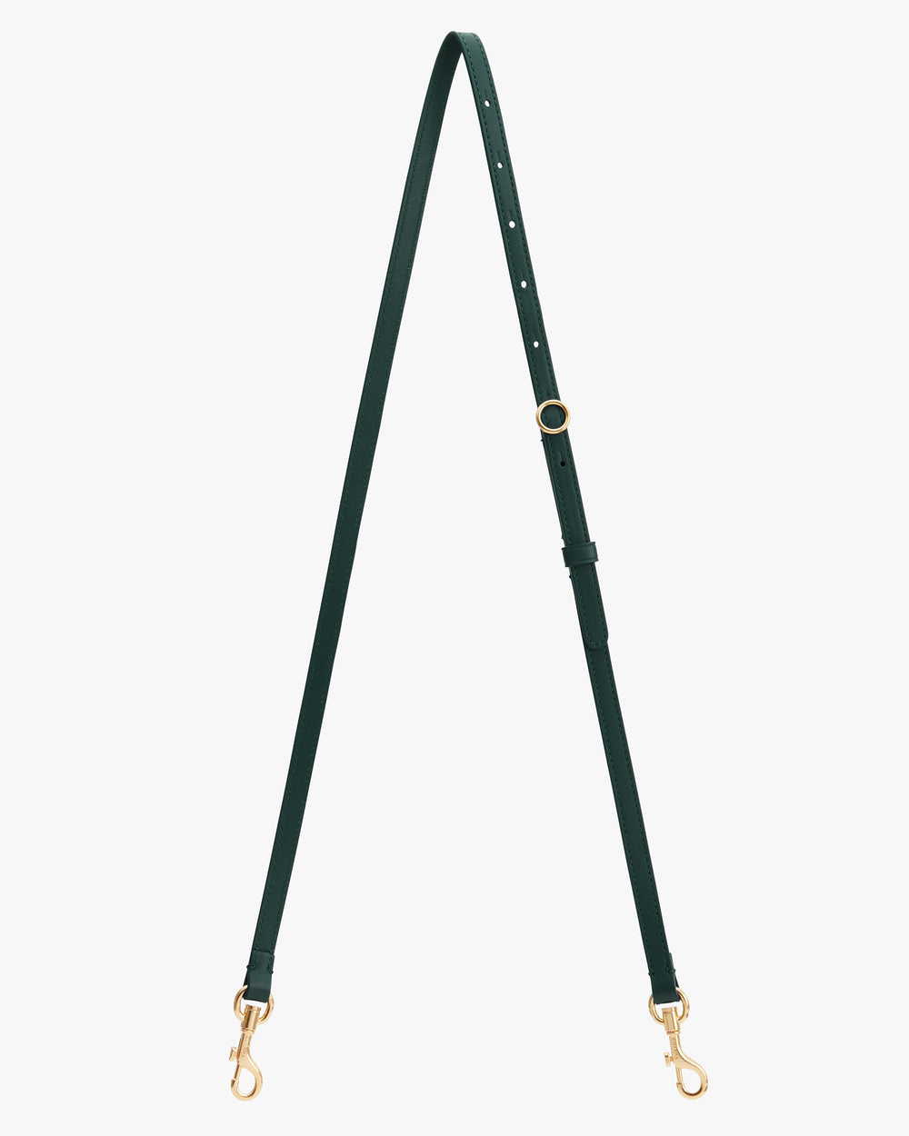 A long adjustable bag strap with metal hooks.