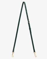 A long adjustable bag strap with metal hooks.