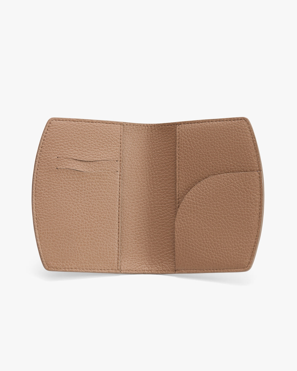 Open, textured rectangular passport cover with card slot on left and curved pocket on right.