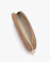 Top view of an open zippered pouch.