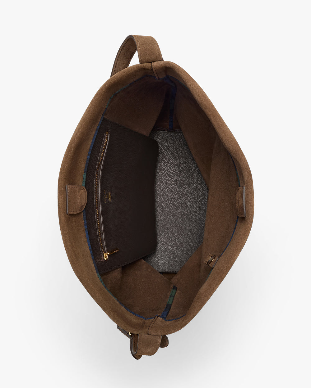 Open travel bag with interior pocket and zipper.