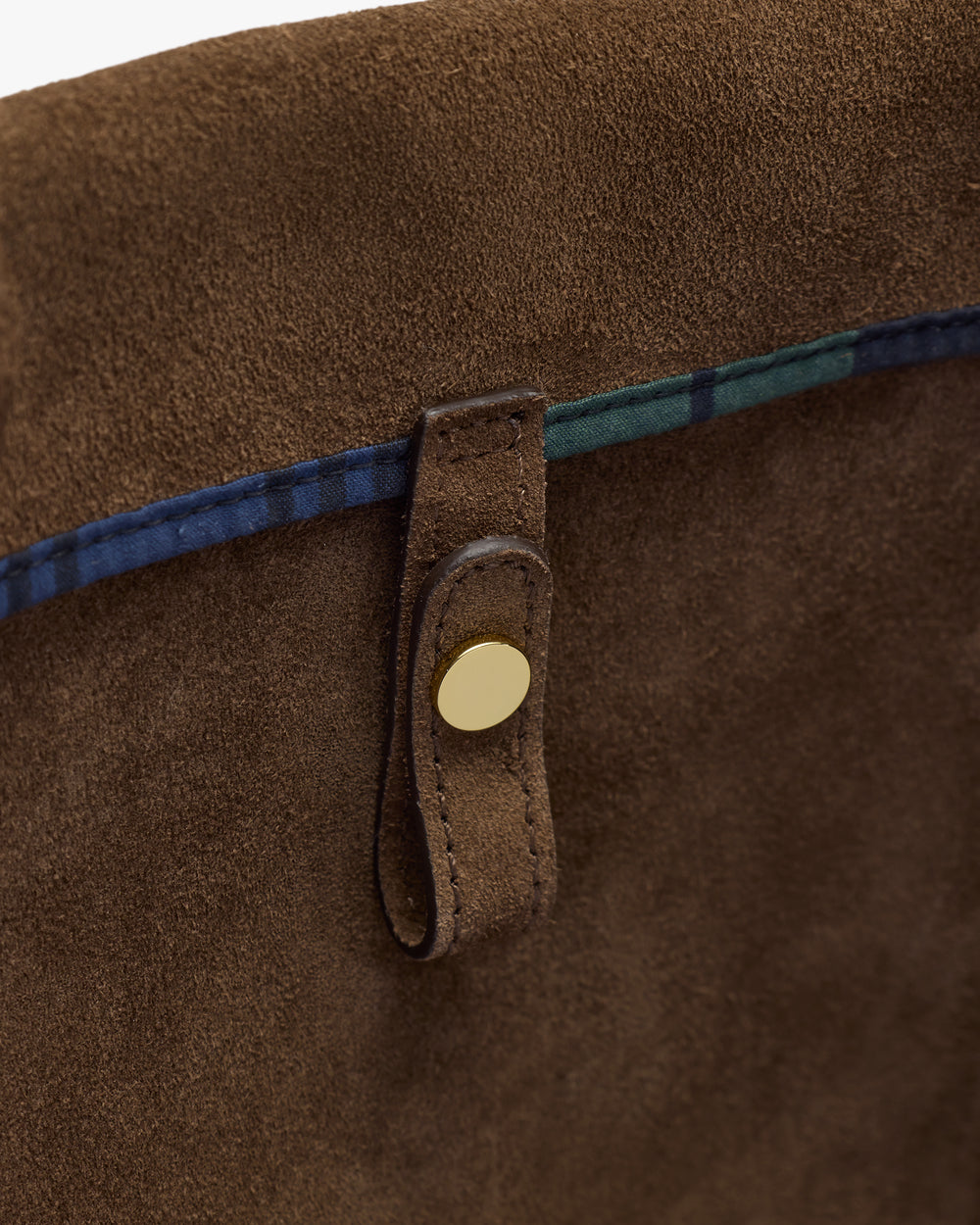 Close-up of a fabric bag with a strap and button closure.
