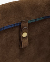 Close-up of a fabric bag with a strap and button closure.