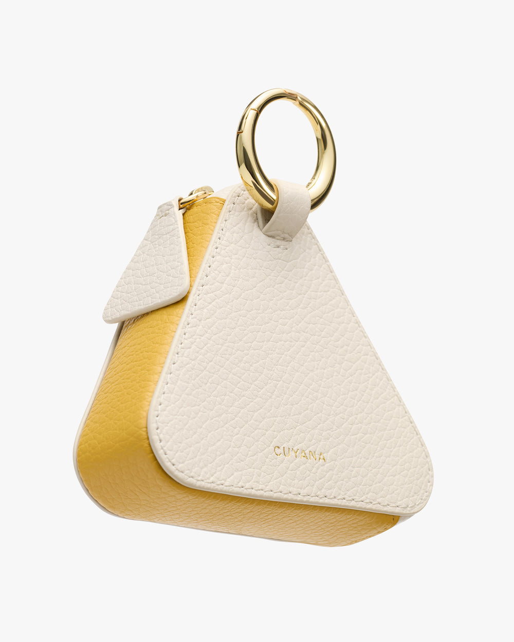 Triangle-shaped handbag with a metal ring handle and brand logo.