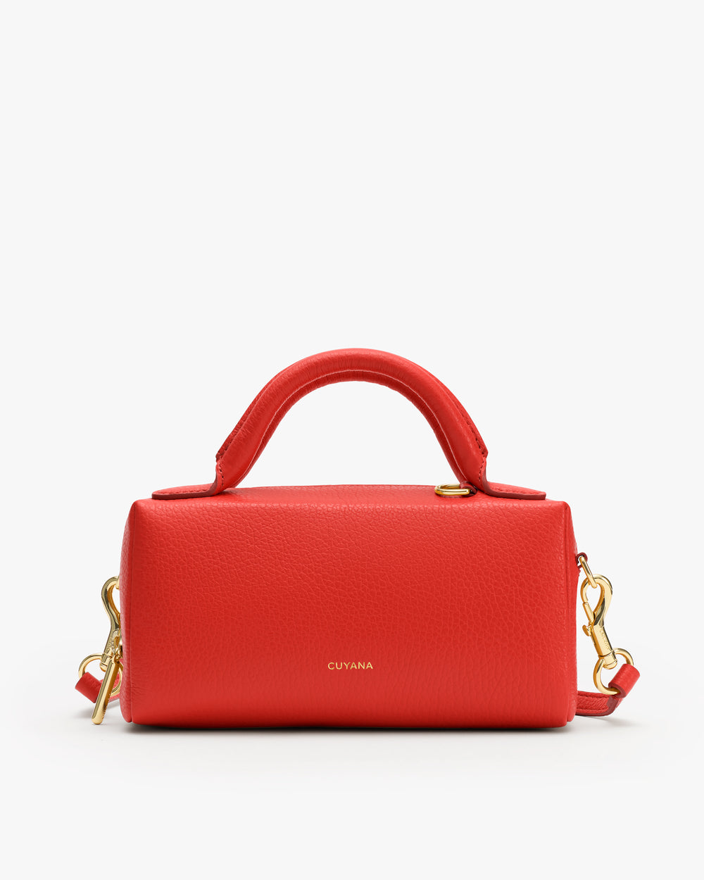 Rectangular handbag with a top handle and gold clasps.
