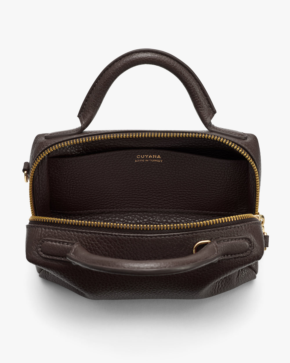 Small handbag with open zipper and top handle