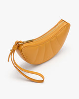 Banana-shaped clutch bag with wrist strap and zip closure.