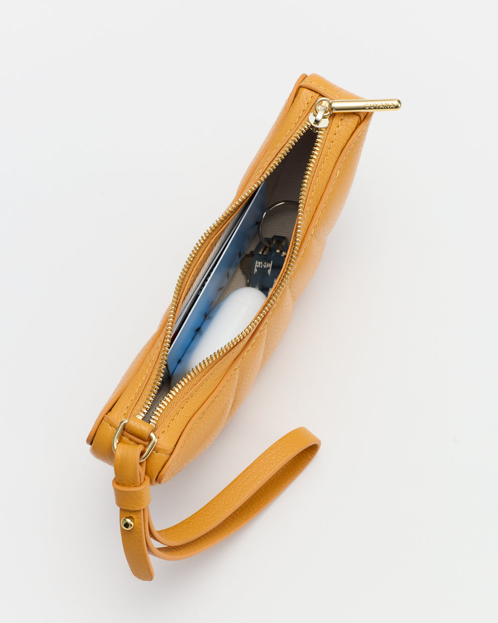 Rectangular wristlet with zippered top open, revealing sunglasses inside.