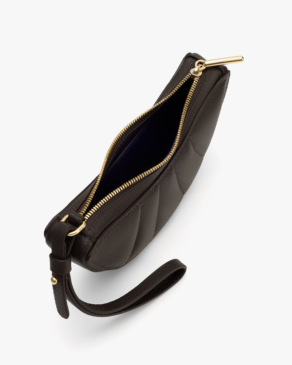 Small wristlet with a zipper opening and wrist strap.
