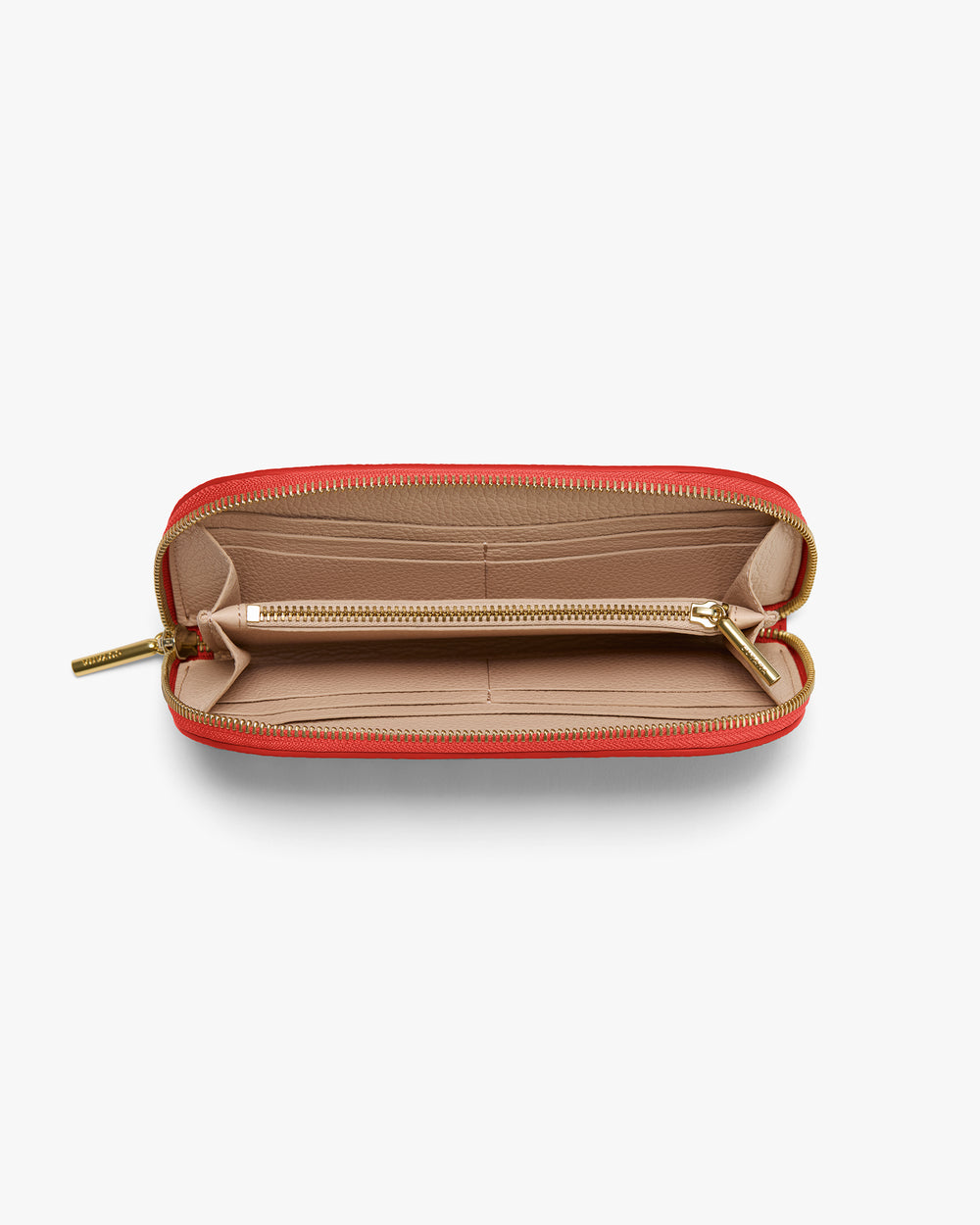Open wallet with multiple compartments and a zipper.