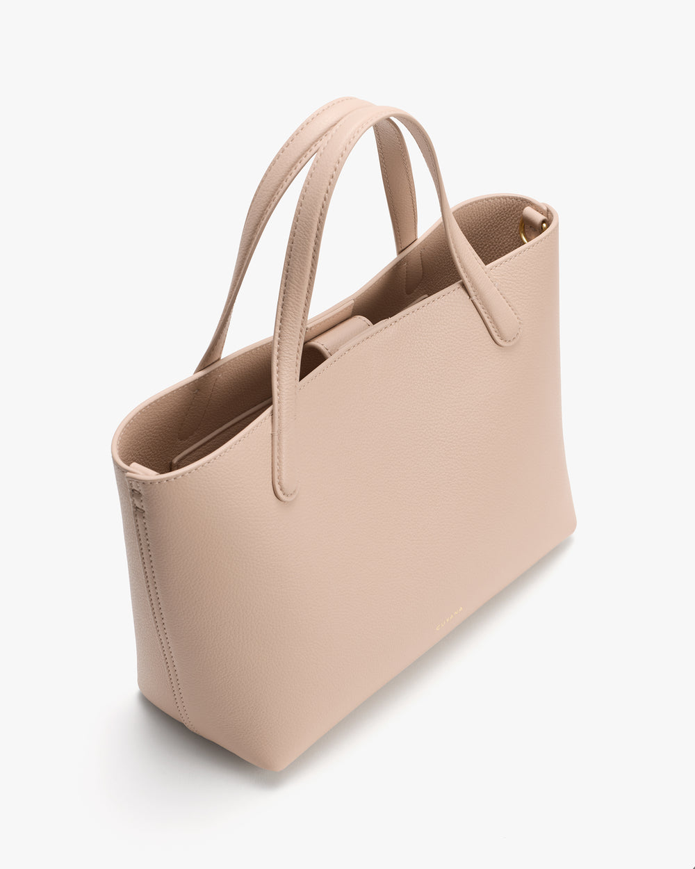 A tote bag with two handles, viewed at an angle.